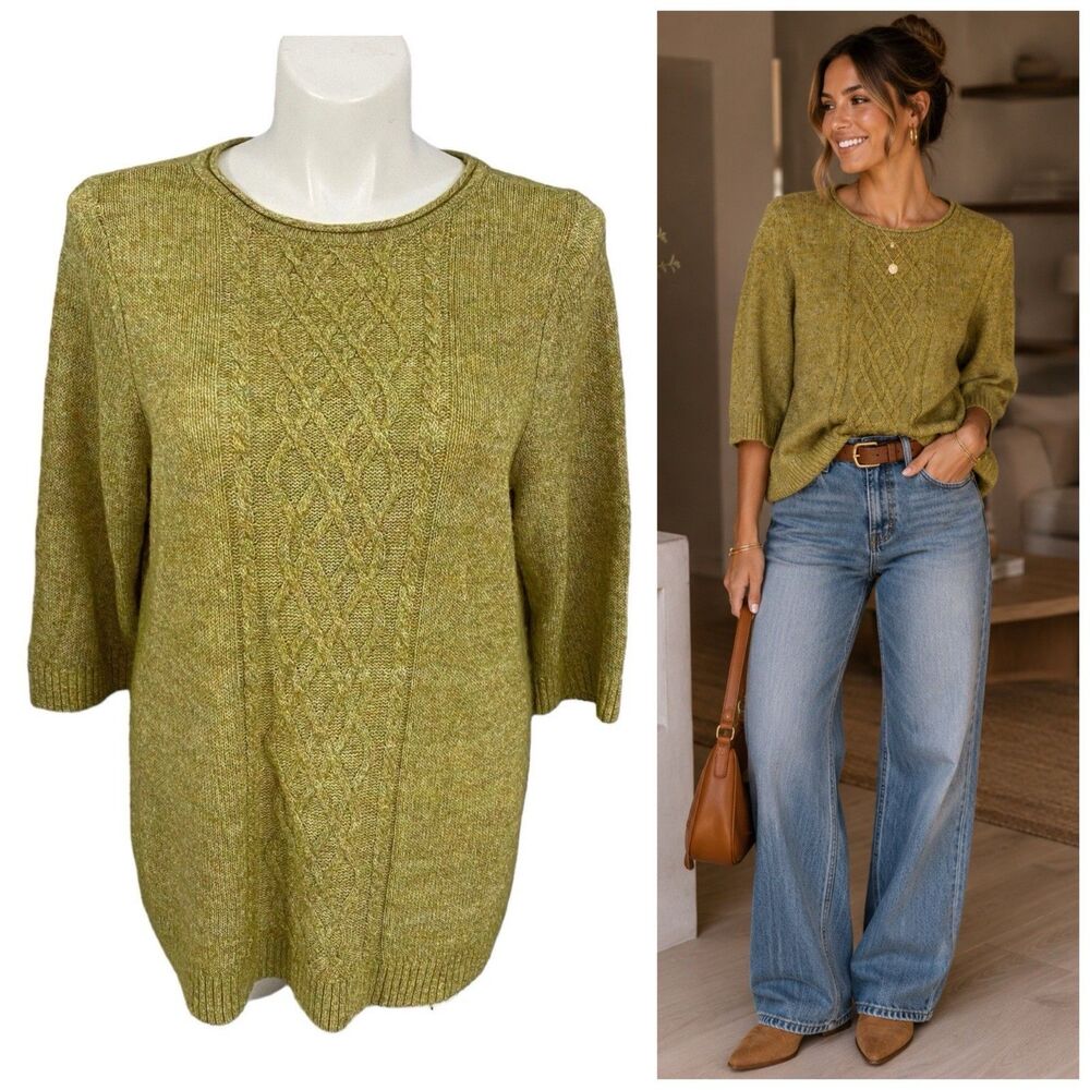 CJ Banks Sweater Womens 1X Green Textured Knit Cabin Nature Lightweight Office